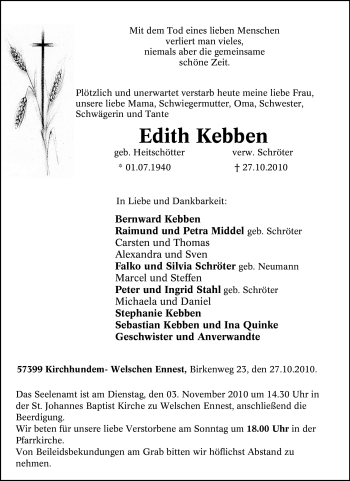 Traueranzeige von Edith Kebben von Tageszeitung