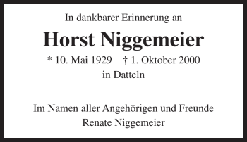 Traueranzeige von Horst Niggemeier von Tageszeitung