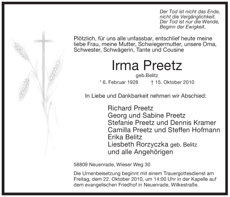  Traueranzeige für Irma Preetz vom 19.10.2010 aus Tageszeitung