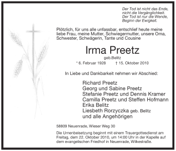 Traueranzeige von Irma Preetz von Tageszeitung