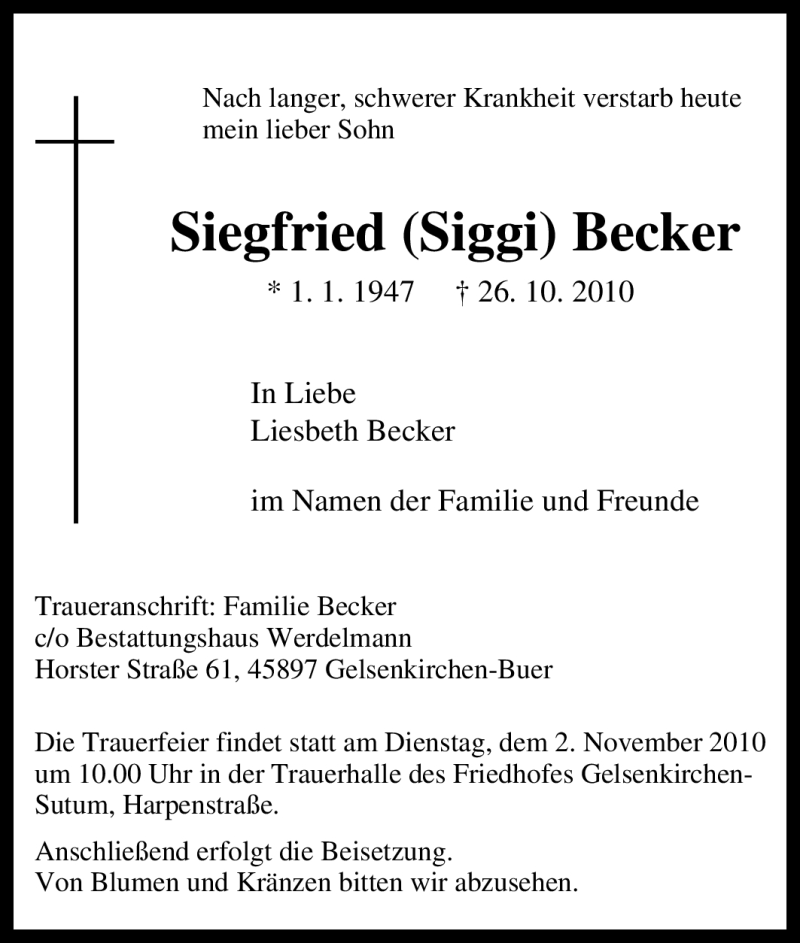  Traueranzeige für Siegfried Becker vom 30.10.2010 aus Tageszeitung