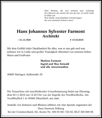 Traueranzeige von Hans Johannes Sylvester Farmont von Tageszeitung