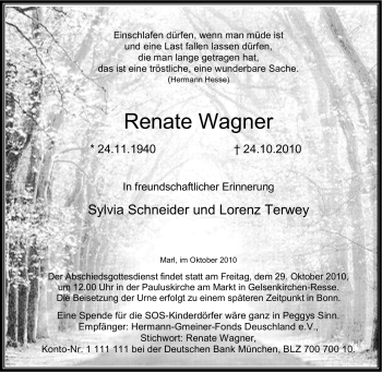 Traueranzeige von Renate Wagner von Tageszeitung