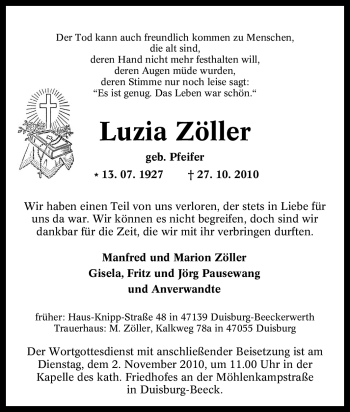 Traueranzeige von Luzia Zöller von Tageszeitung