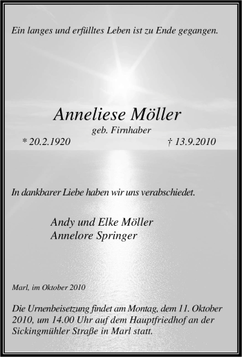 Traueranzeige von Anneliese Möller von Tageszeitung