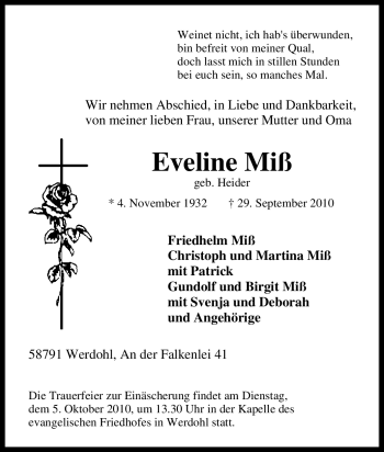 Traueranzeige von Eveline Miß von Tageszeitung