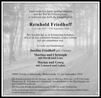 Traueranzeige von Reinhold Friedhoff von Tageszeitung