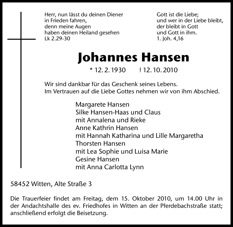  Traueranzeige für Johannes Hansen vom 14.10.2010 aus Tageszeitung