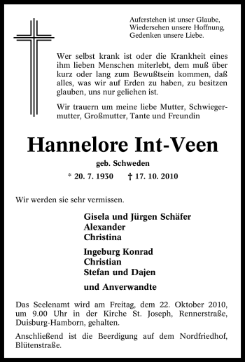 Traueranzeige von Hannelore Int-Veen von Tageszeitung