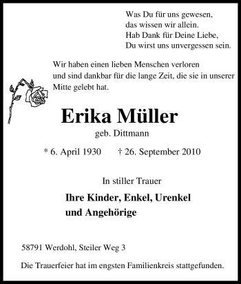 Traueranzeige von Erika Müller von Tageszeitung