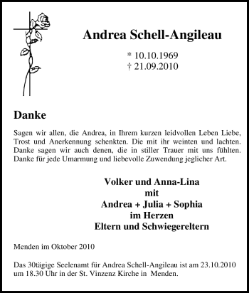 Traueranzeige von Andrea Schell-Angileau von Tageszeitung