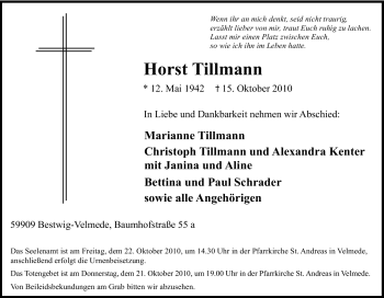 Traueranzeige von Horst Tillmann von Tageszeitung