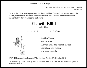 Traueranzeige von Elsbeth Böhl von Tageszeitung