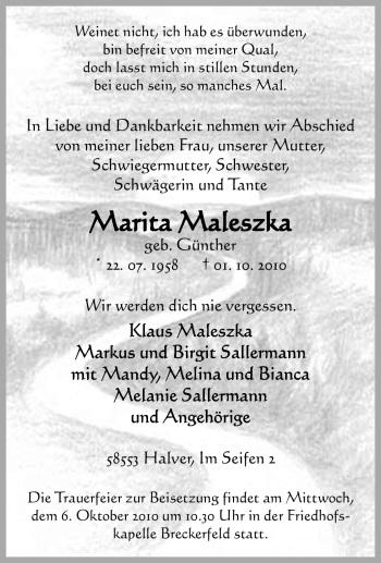 Traueranzeige von Marita Maleszka von Tageszeitung