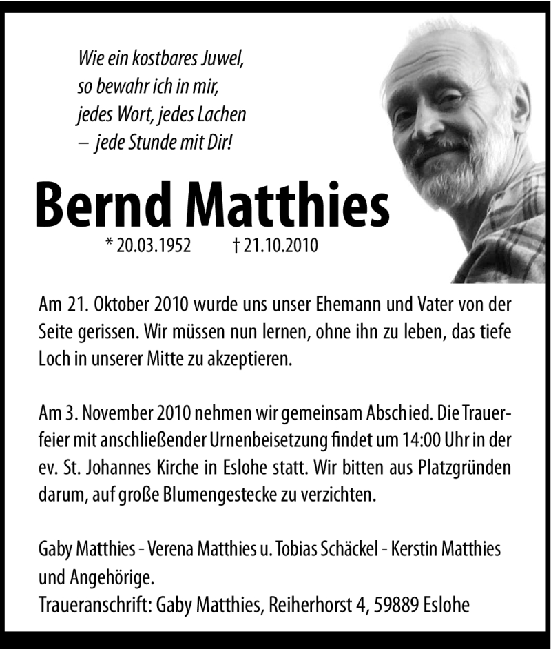  Traueranzeige für Bernd Matthies vom 30.10.2010 aus Tageszeitung