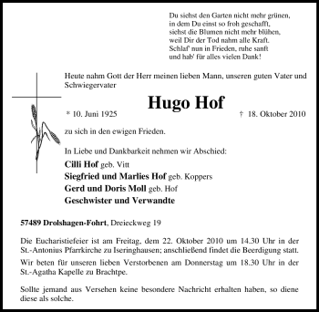 Traueranzeige von Hugo Hof von Tageszeitung