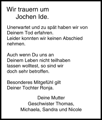 Traueranzeige von Jochen Ide von Tageszeitung