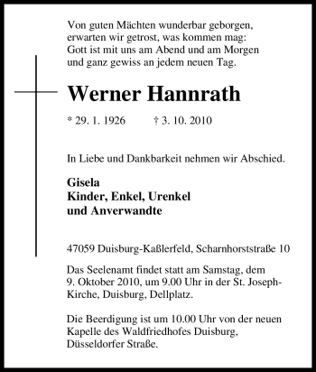 Traueranzeige von Werner Hannrath von Tageszeitung