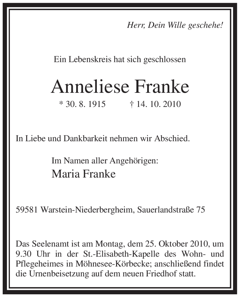  Traueranzeige für Anneliese Franke vom 23.10.2010 aus Tageszeitung