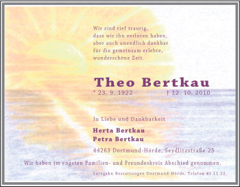 Traueranzeige von Theo Bertkau von Tageszeitung