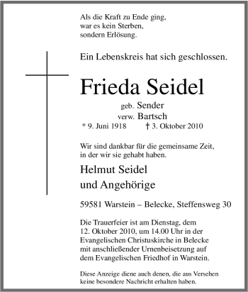 Traueranzeige von Frieda Seidel von Tageszeitung