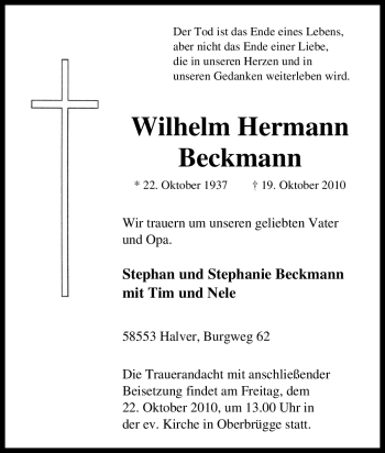 Traueranzeige von Wilhelm Hermann Beckmann von Tageszeitung