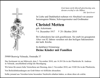 Traueranzeige von Christel Metten von Tageszeitung