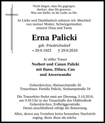 Traueranzeige von Erna Palicki von Tageszeitung