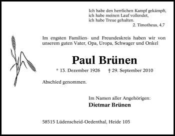 Traueranzeige von Paul Brünen von Tageszeitung