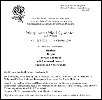Traueranzeige von Sieglinde Quenter von Tageszeitung