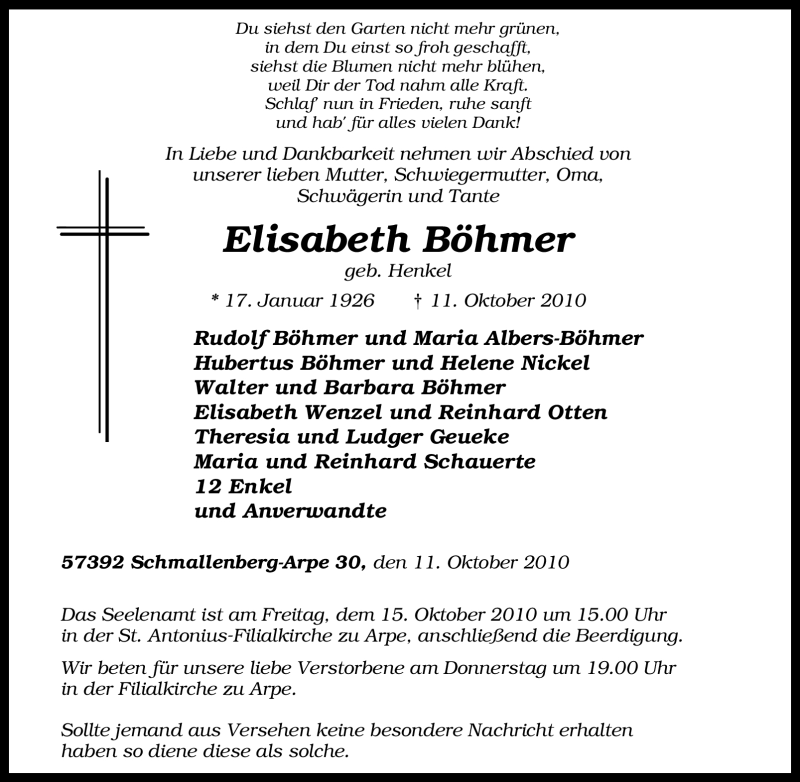 Traueranzeige für Elisabeth Böhmer vom 12.10.2010 aus Tageszeitung