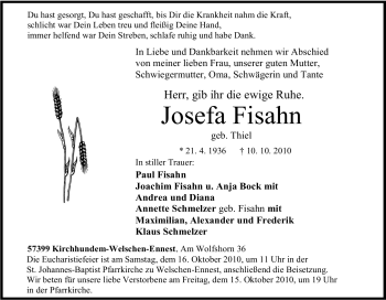 Traueranzeige von Josefa Fisahn von Tageszeitung