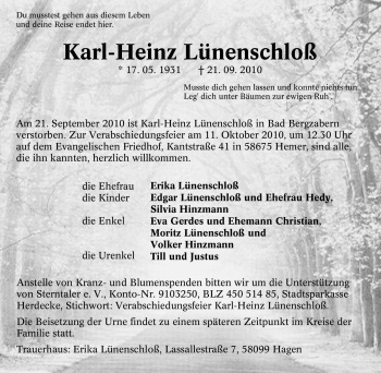 Traueranzeige von Karl-Heinz Lünenschloß von Tageszeitung