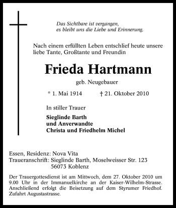 Traueranzeige von Frieda Hartmann von Tageszeitung