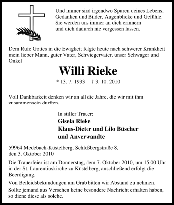 Traueranzeige von Willi Rieke von Tageszeitung