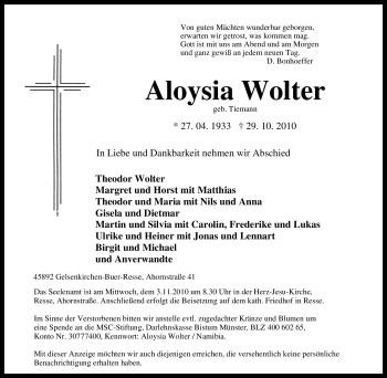 Traueranzeige von Aloysia Wolter von Tageszeitung
