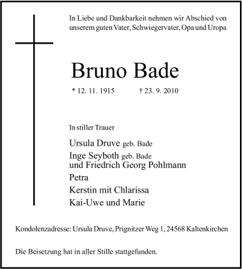 Traueranzeige von Bruno Bade von Tageszeitung