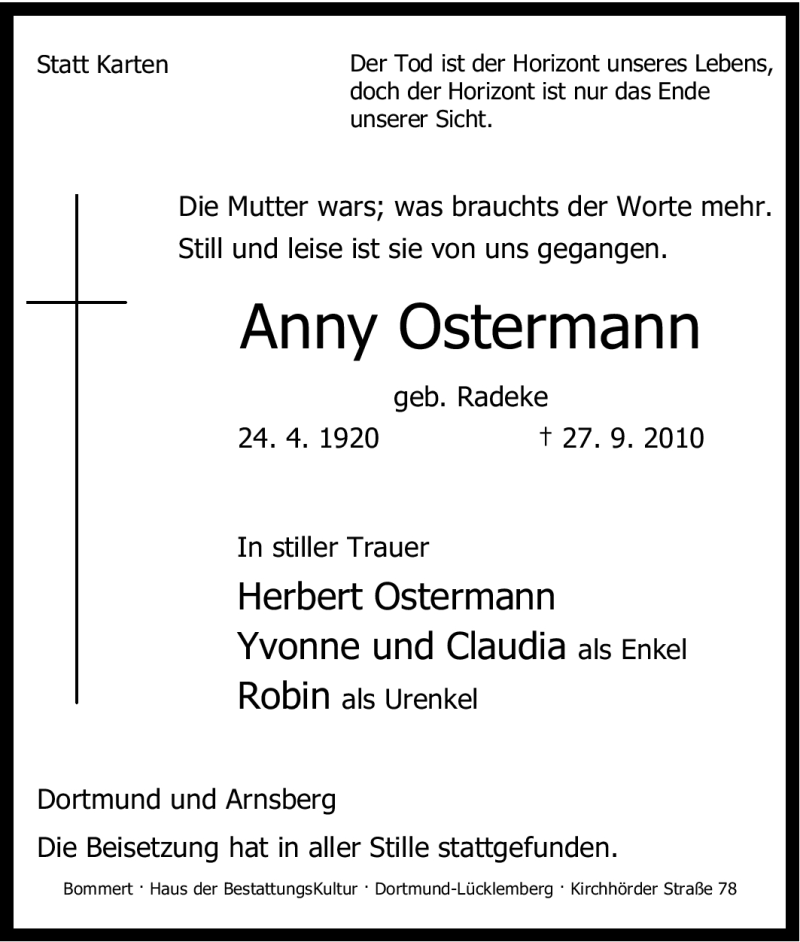 Traueranzeigen Von Anny Ostermann Trauer In Nrwde 3643