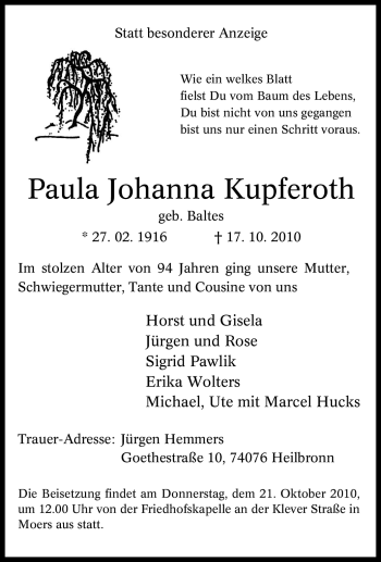 Traueranzeige von Paula Johanna Kupferoth von Tageszeitung