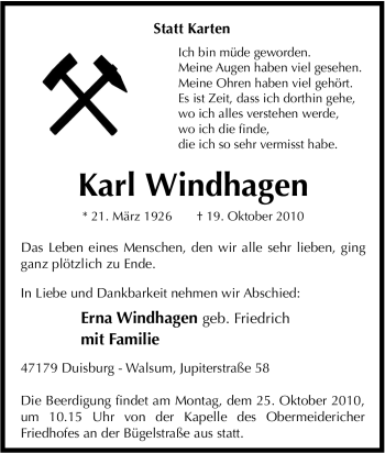 Traueranzeige von Karl Windhagen von Tageszeitung