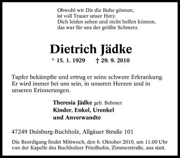 Traueranzeige von Dietrich Jädke von Tageszeitung