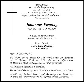 Traueranzeige von Johannes Pepping von Tageszeitung