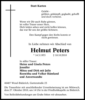 Traueranzeige von Helmut Peters von Tageszeitung