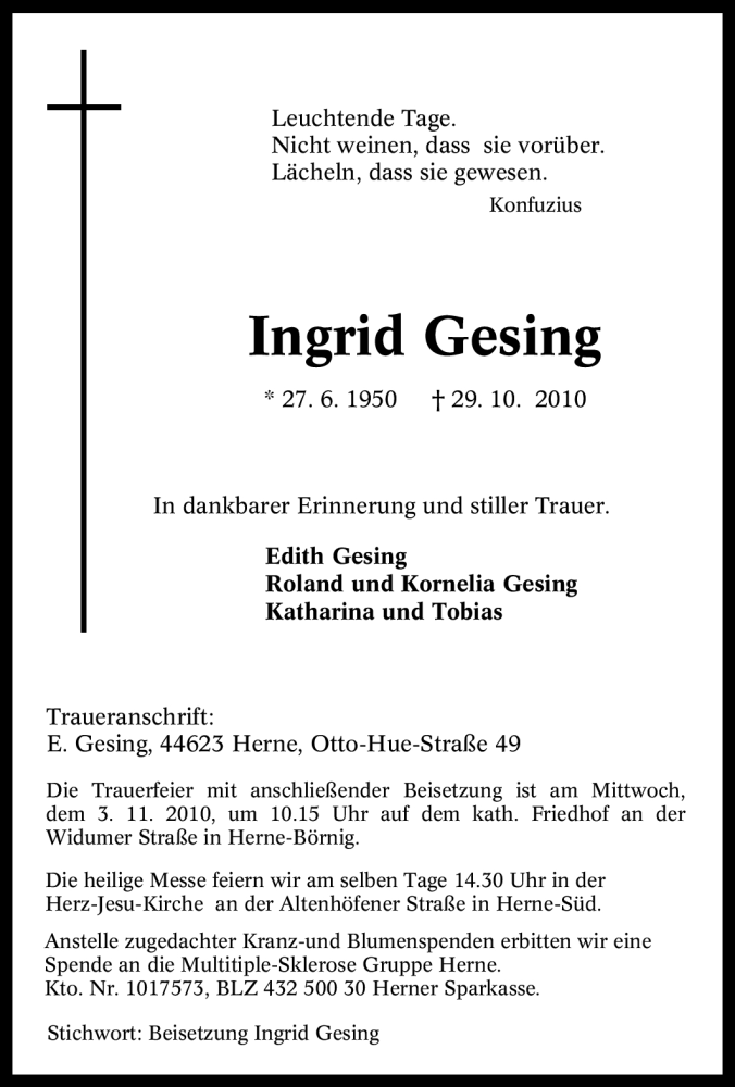  Traueranzeige für Ingrid Gesing vom 30.10.2010 aus Tageszeitung