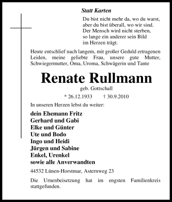 Traueranzeige von Renate Rullmann von Tageszeitung