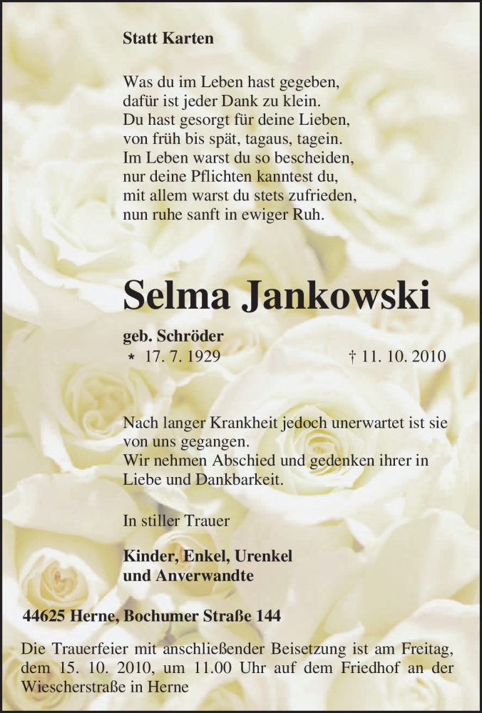  Traueranzeige für Selma Jankowski vom 14.10.2010 aus Tageszeitung