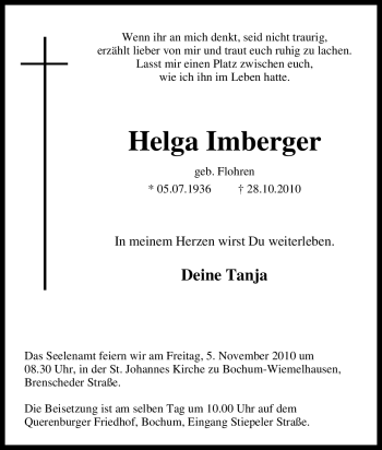 Traueranzeige von Helga Imberger von Tageszeitung
