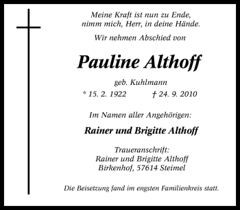 Traueranzeige von Pauline Althoff von Tageszeitung