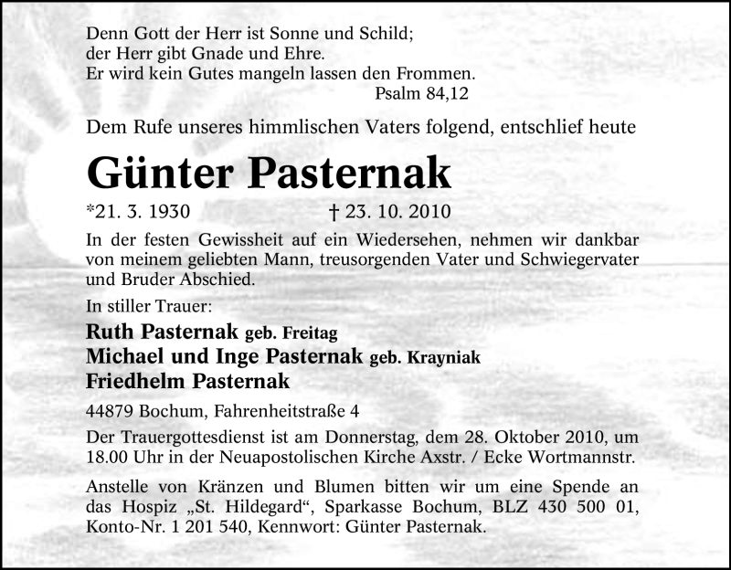  Traueranzeige für Günter Pasternak vom 26.10.2010 aus Tageszeitung