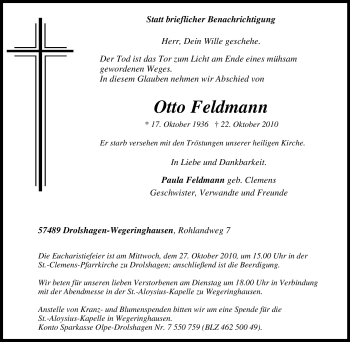 Traueranzeige von Otto Feldmann von Tageszeitung